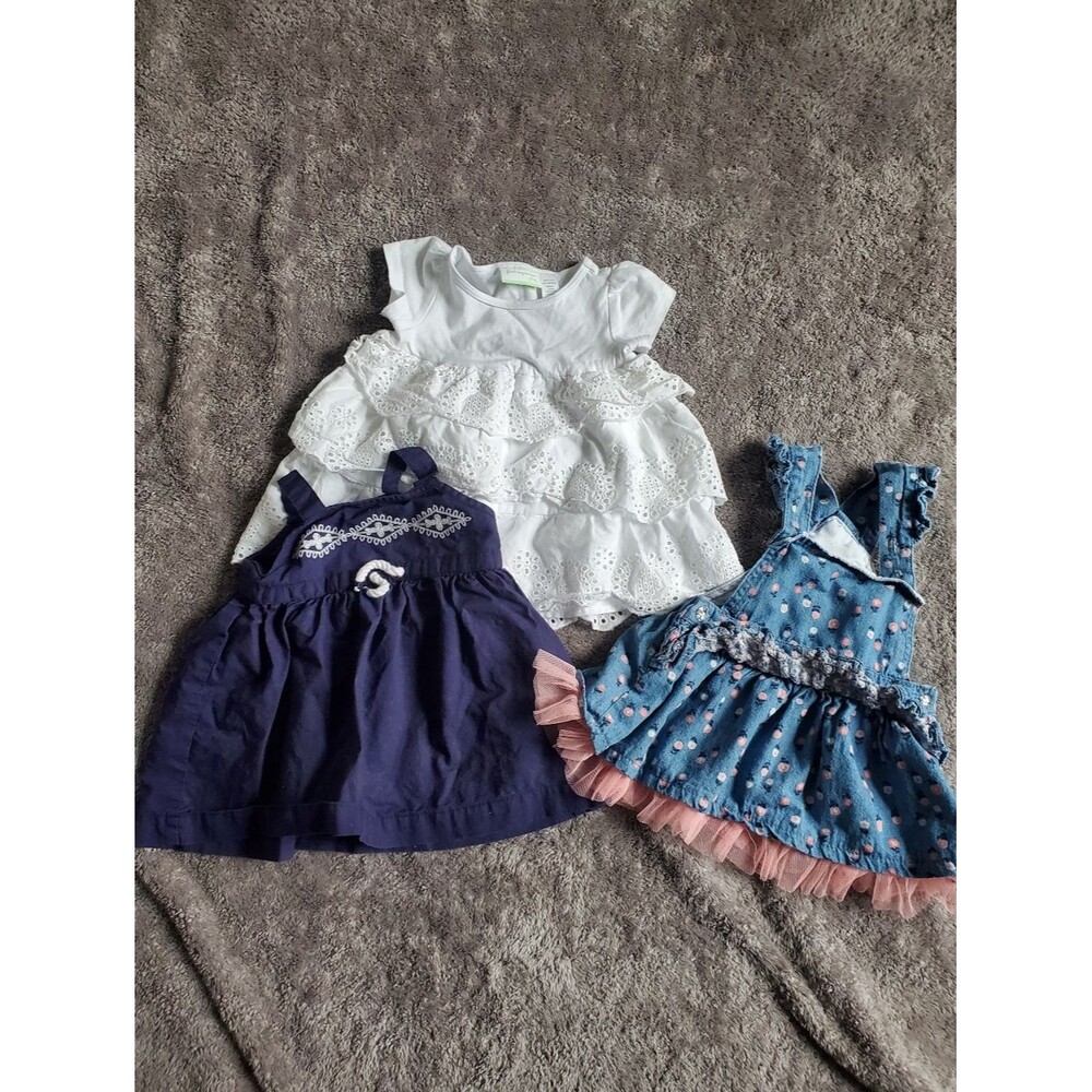 ​Lot of 3 Baby Girl Summer Dresses/Tops Boho, Eyelet, & Denim Ruffle Size 6/9M
